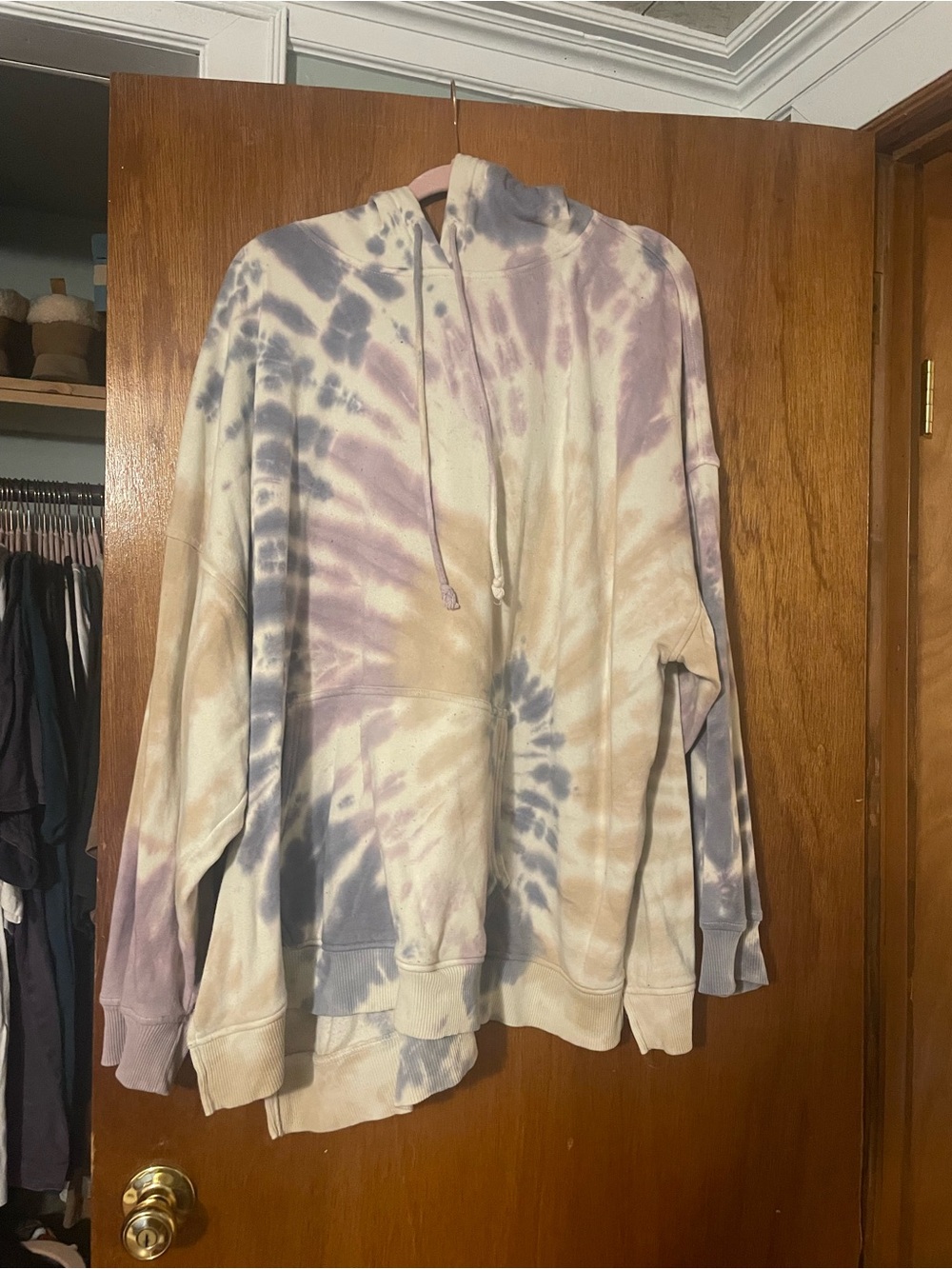 American Eagle Outfitters Tie-Dye Cowl Hoodie - Cream, Lavender & Gray